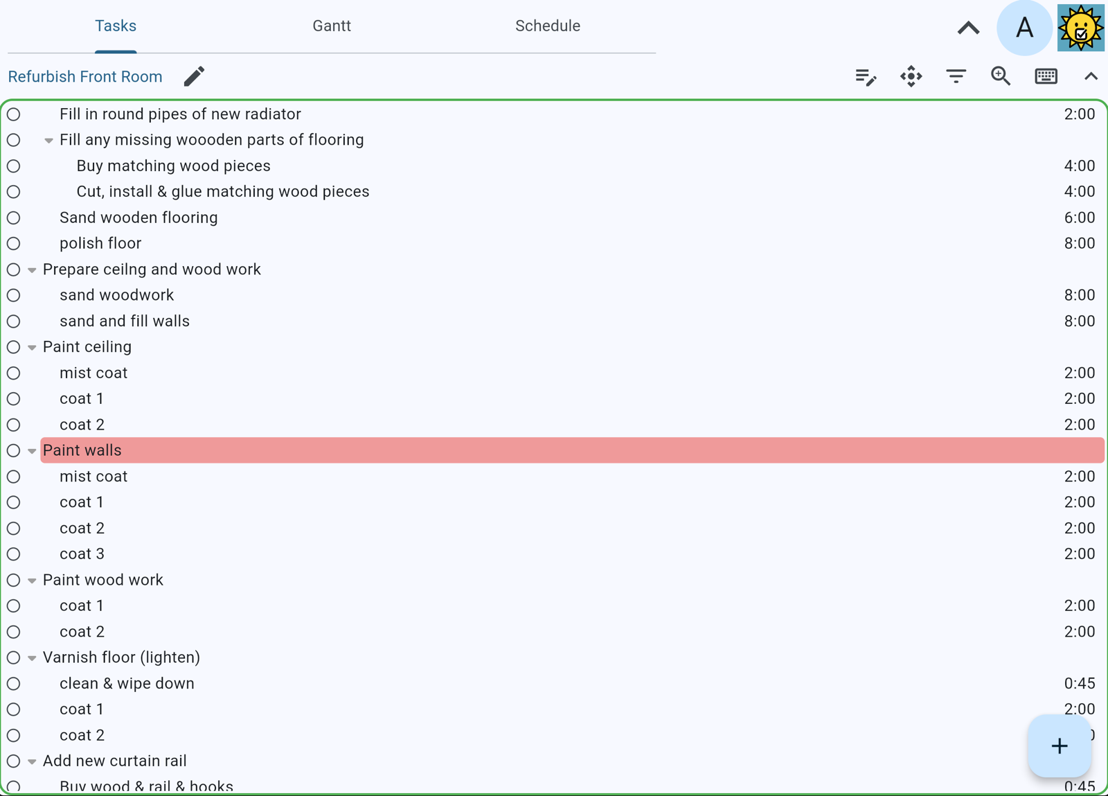 Task Optimist task list view with hierarchical tasks and time estimates